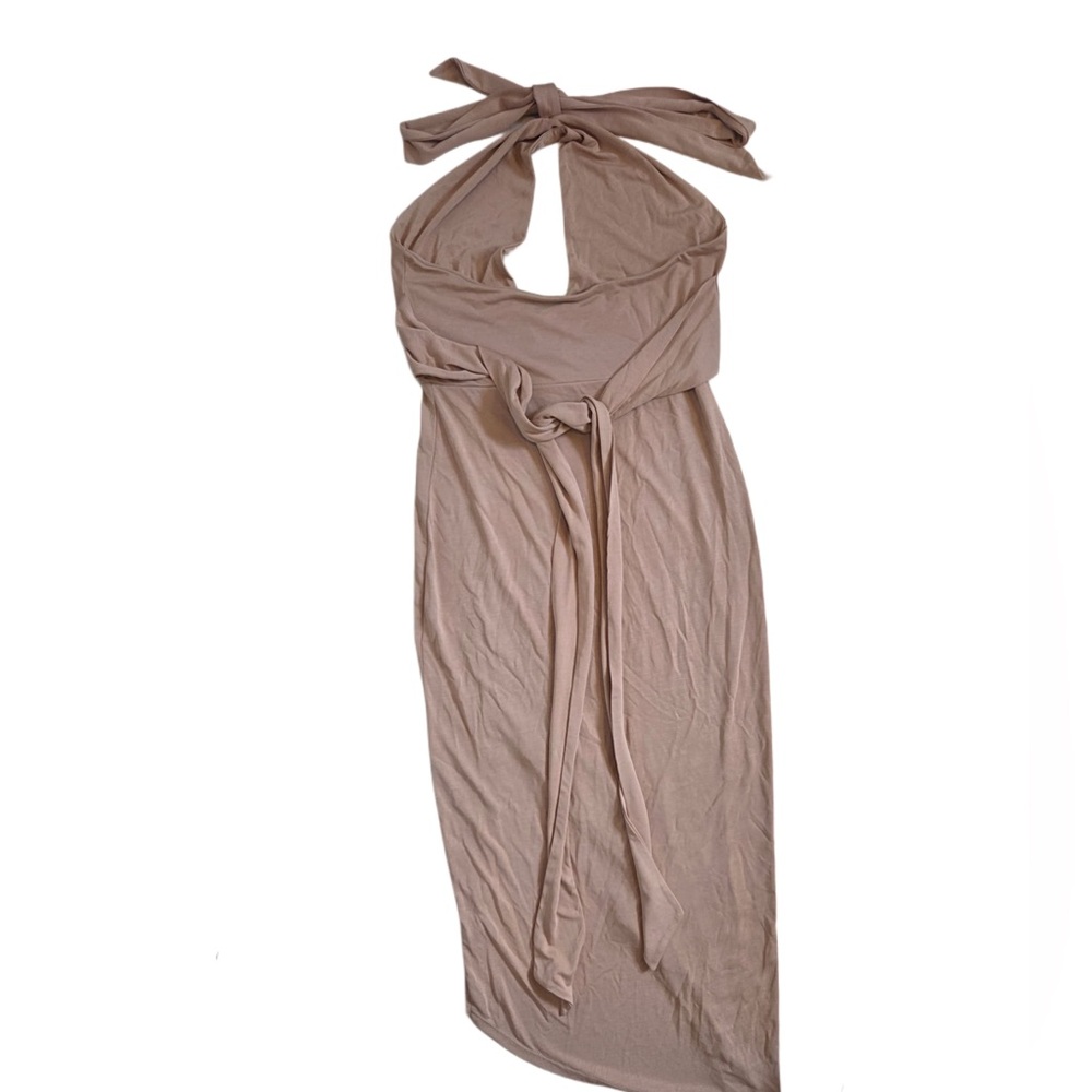 House of Harlow Elegant Tan Halter Dress MIDI Asymmetrical Side Slit Dress! - Picture 4 of 8